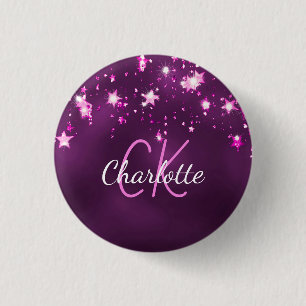 Purple glitter stars custom monogram pink 1 inch round button