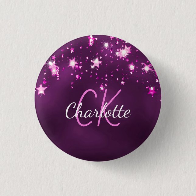 Purple glitter stars custom monogram pink 1 inch round button (Front)