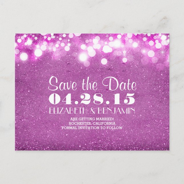 purple glitter string of lights save the date announcement postcard (Front)