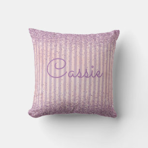 Purple Glitter Stripe Monogram Throw Pillow