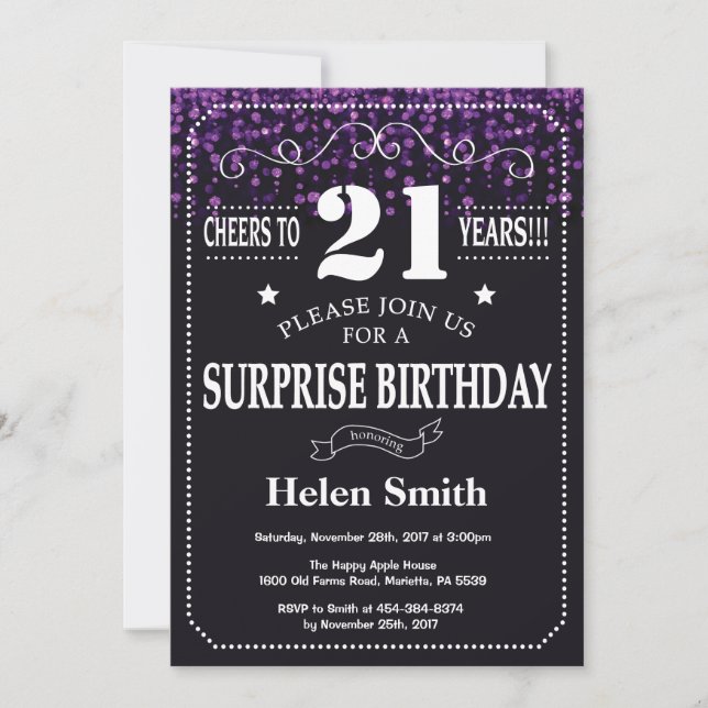 Purple Glitter Surprise 21st Birthday Invitation (Front)