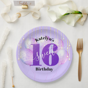 Purple Glitter Sweet 16 Birthday Balloons Script Paper Plate