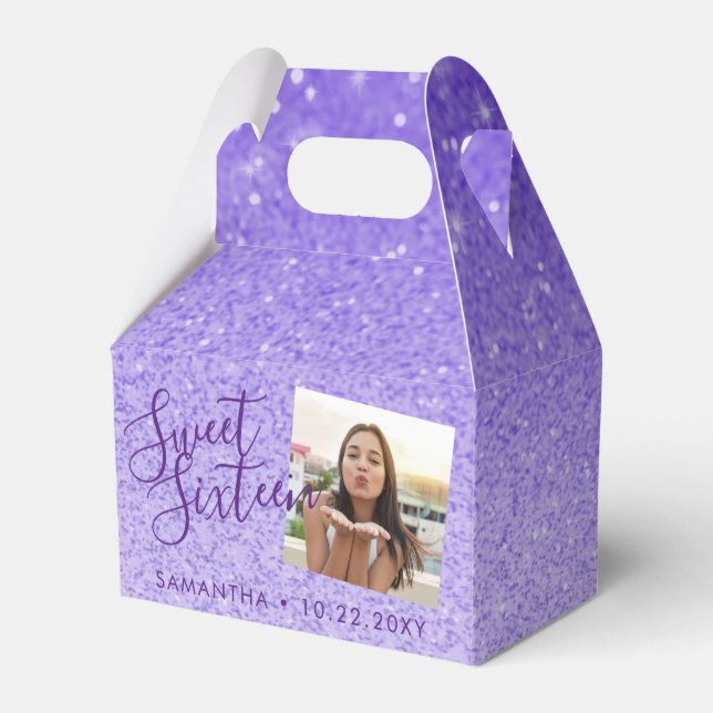 Purple Glitter Sweet 16 Chic Photo Favor Box (Front Side)