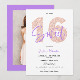Purple glitter Sweet 16 script photo birthday Invitation