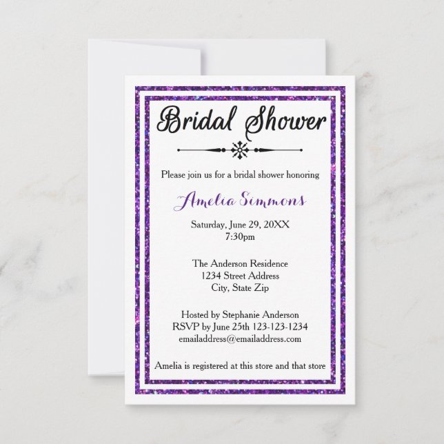 Purple Glitter Trim - 3x5 Bridal Shower Invitation (Front)