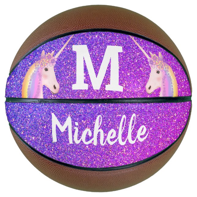 Purple Glitter Unicorn Girls Monogram Personalized Basketball (Front)