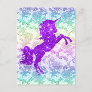 Purple Glitter Unicorn on Rainbow Lace Holiday Postcard