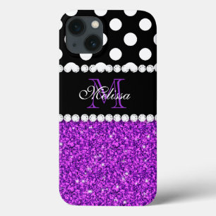 Purple Glitter White Polka Dots Monogrammed iPhone 13 Case