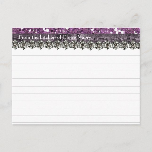 Purple Glitter Wood Look Personalized Recipe Cards (Front)