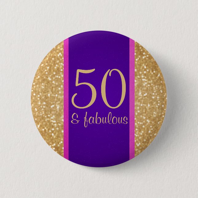 Purple & Glittery 50 & Fabulous 50th Birthday 2 Inch Round Button (Front)