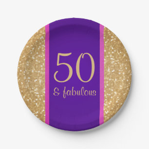 Purple & Glittery 50 & Fabulous 50th Birthday Paper Plate