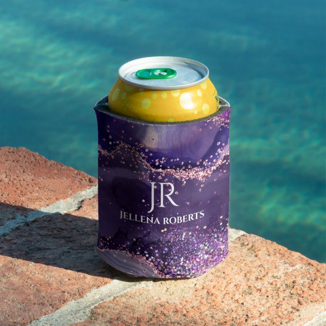 Purple glittery agate texture monogram can cooler (In Situ Pool)