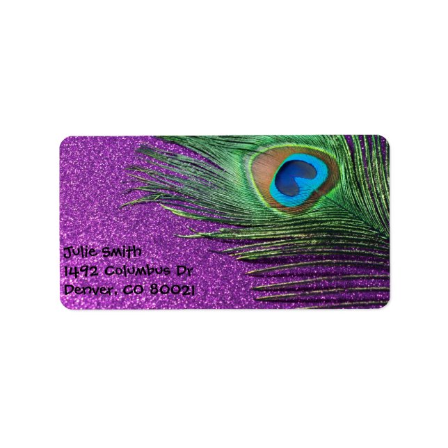 Purple Glittery Peacock Feather Still Life Label (Front)