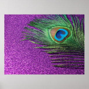 Purple Glittery Peacock Feather Still Life Poster