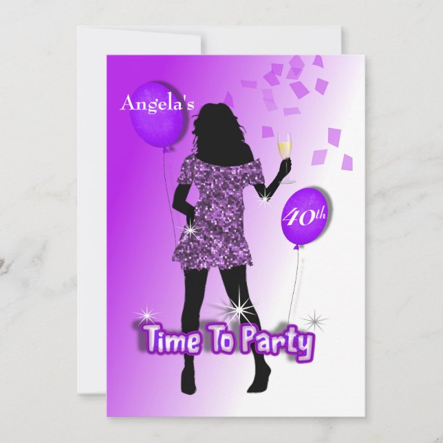 Purple Glitzy Girly Time To Party Personalized Invitation (Front)