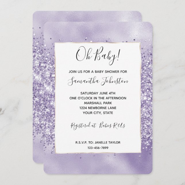 Purple Glitzy Glitter Baby Shower Invitation (Front/Back)