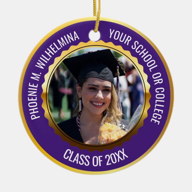 Purple Gold 2 Photo Graduation Class of 2024 Ceramic Ornament (Front)