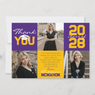 Purple & Gold 3 Photo Graduation Thank You Invitation