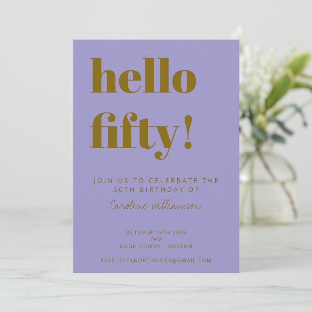 Purple Gold 50th Birthday Party Modern Typography Invitation (Standing Front)