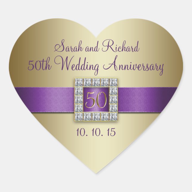 Purple Gold 50th Wedding Anniversary Heart Sticker (Front)