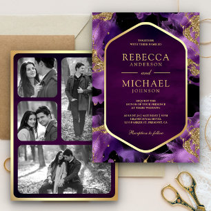 Purple Gold Abstract Fluid Ink Photo Wedding Invitation