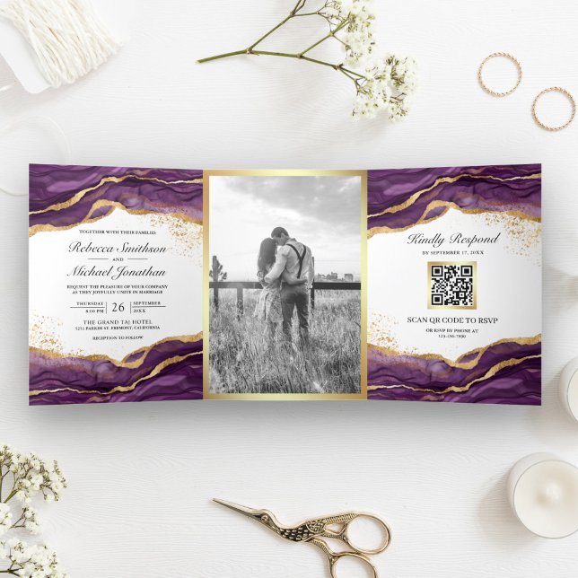 Purple Gold Abstract Ink QR Code Wedding Tri-Fold Invitation (Creator Uploaded)