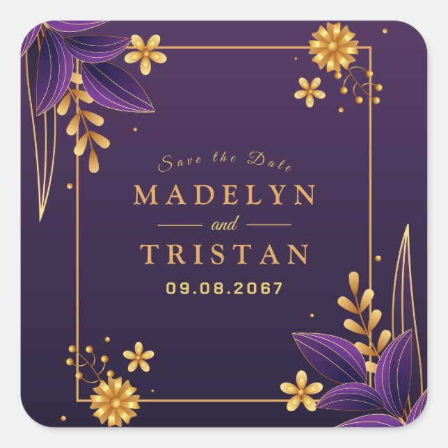 Purple & Gold Aesthetics Floral Wedding Square Sticker (Front)