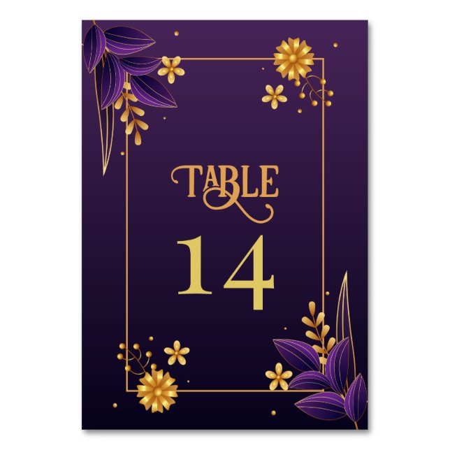 Purple & Gold Aesthetics Floral Wedding Table Number (Front)