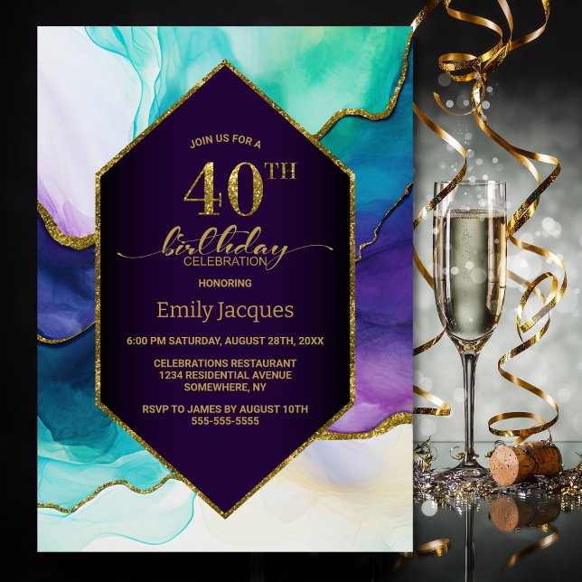 Purple Gold Agate 40th Birthday Party Invitation (Creator Uploaded)