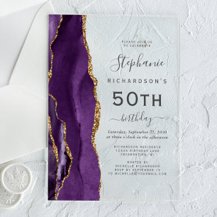 Purple Gold Agate 50th Birthday Party Acrylic Invitations