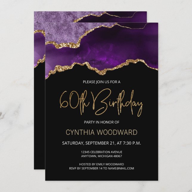 Purple Gold Agate 60e Anniversaire Fête Invitation (Devant / Derrière)