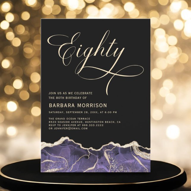 Purple Gold Agate 80th Eighty Birthday Party Invitation (Creator Uploaded)