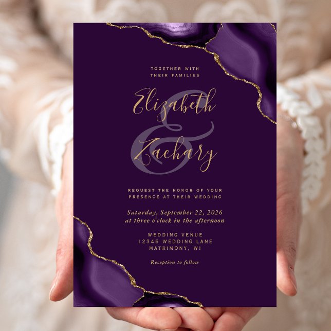 Purple Gold Agate Corners Plum Wedding Invitation (Creator Uploaded)