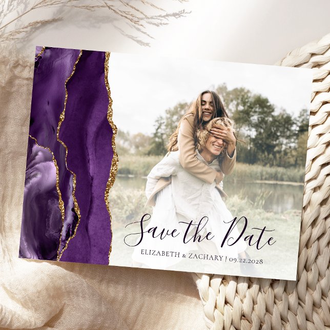 Purple Gold Agate Custom Photo Save the Date Postcard (Creator Uploaded)