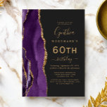 Purple Gold Agate Dark 60th Birthday Party Invitation<br><div class="desc">The left-hand edge of this elegant modern birthday party invitation features a purple watercolor agate border trimmed with gold faux glitter. The customizable text combines gold-coloured handwriting,  copperplate and italic fonts on a slate black background. The reverse side features a matching purple and gold agate design.</div>