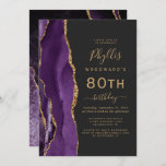 Purple Gold Agate Dark 80th Birthday Party Invitation<br><div class="desc">The left-hand edge of this elegant modern birthday party invitation features a purple watercolor agate border trimmed with gold faux glitter. The customizable text combines gold-coloured handwriting,  copperplate and italic fonts on a slate black background. The reverse side features a matching purple and gold agate design.</div>