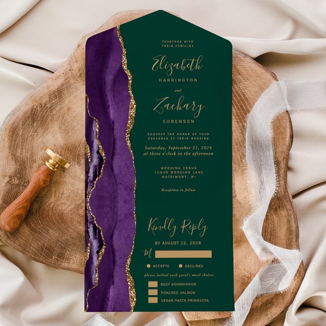 Purple Gold Agate Dark Green Meal Options Wedding All In One Invitation (Creator Uploaded)
