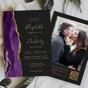 Purple Gold Agate Dark Photo QR Code Wedding Invitation