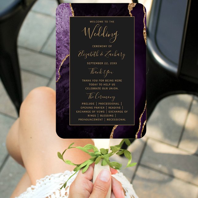 Purple Gold Agate Dark Wedding Program Hand Fan (Creator Uploaded)