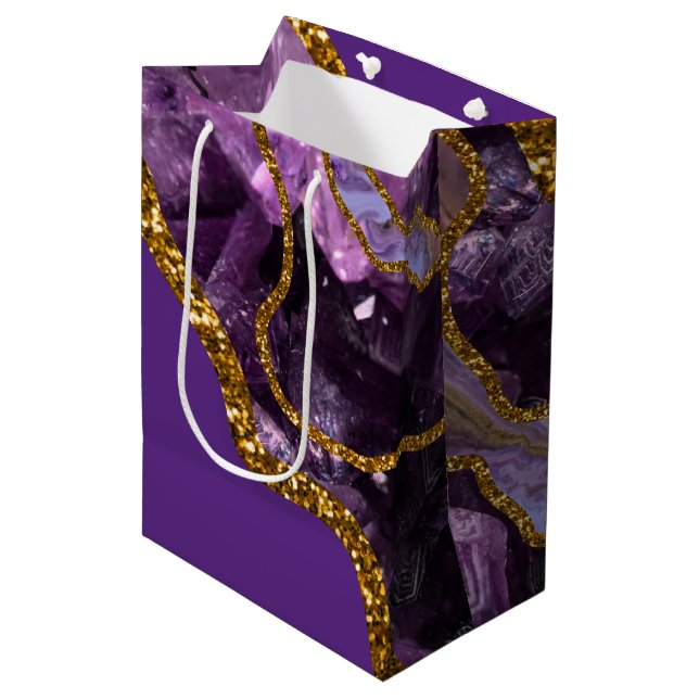 Purple & Gold Agate Geode Glitter Medium Gift Bag (Front Angled)