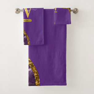 Purple & Gold Agate Geode Glitter Monogram  Bath Towel Set