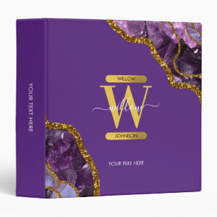 Purple & Gold Agate Geode Glitter Monogram Binder