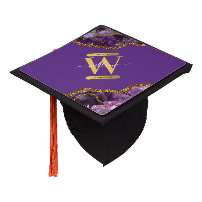 Purple & Gold Agate Geode Glitter Monogram  Graduation Cap Topper (Angled)