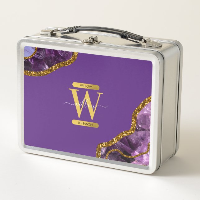 Purple & Gold Agate Geode Glitter Monogram  Metal Lunch Box (Front)