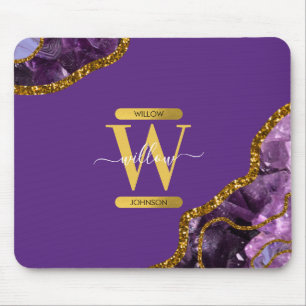 Purple & Gold Agate Geode Glitter Monogram Mouse Pad