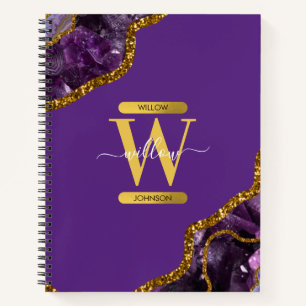 Purple & Gold Agate Geode Glitter Monogram Notebook