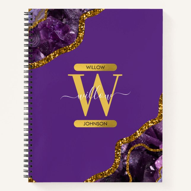 Purple & Gold Agate Geode Glitter Monogram Notebook (Front)