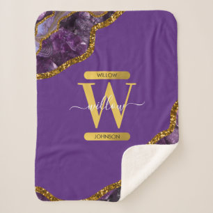 Purple & Gold Agate Geode Glitter Monogram  Sherpa Blanket