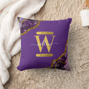Purple & Gold Agate Geode Glitter Monogram Throw Pillow