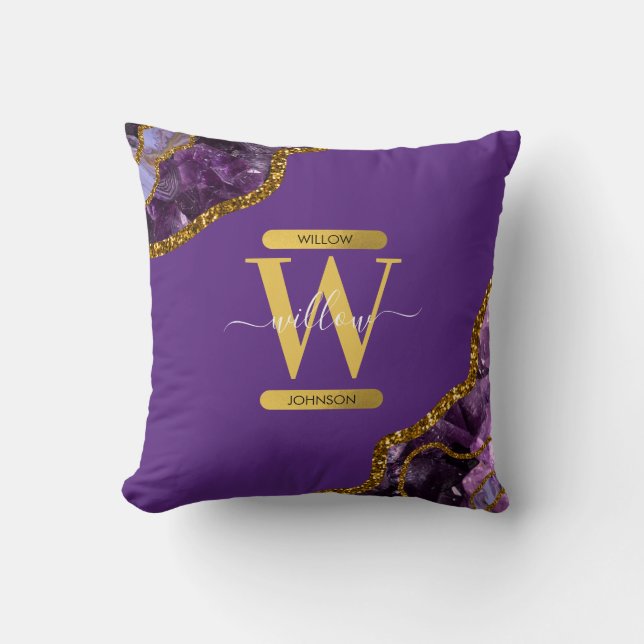Purple & Gold Agate Geode Glitter Monogram  Throw Pillow (Front)